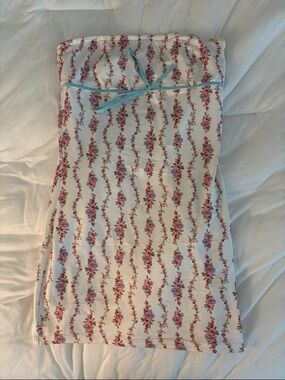 Edikted Cream Strapless Floral Dress with blue bow